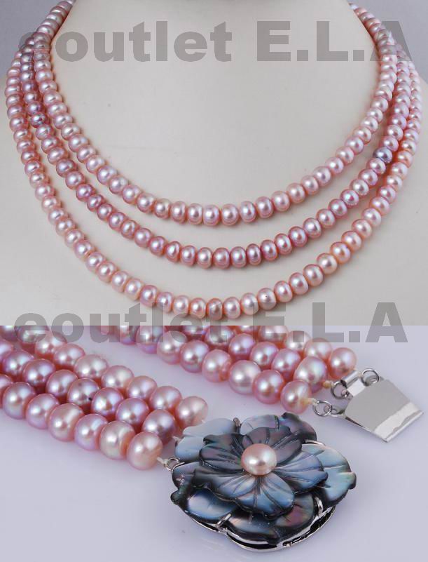 GENUINE PURPLISH PINK PEARLS 3-ROW NECKLACE+FREE EARRINGS